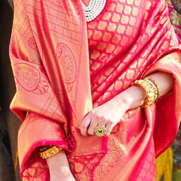 JHEAPS HOT PINK GOLD HANDLOOM SOFT SILK KANJIVARAM WOVEN  SILK SAREE - Picture 3 of 7